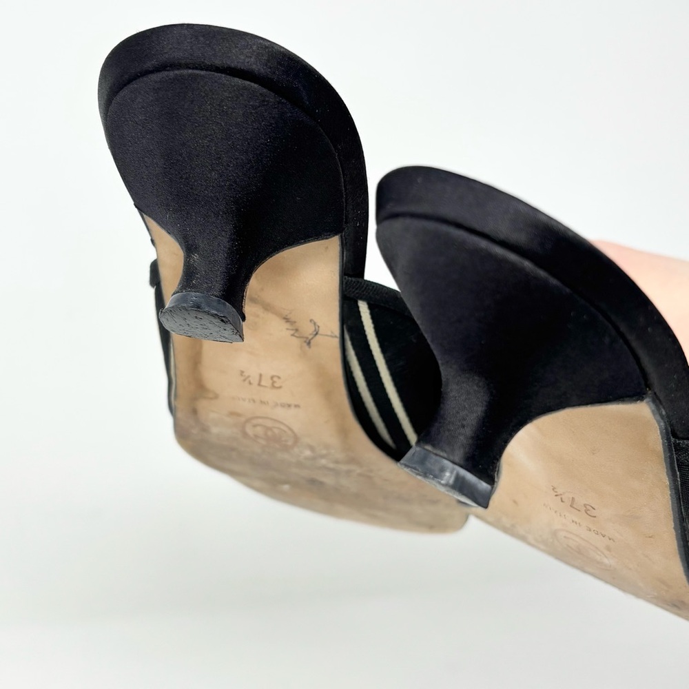 Chanel CC Cap Toe Bow Mules Black Canvas Kitten Heel Size 37.5 Y2K Vintage Satin - Picture 8 of 16